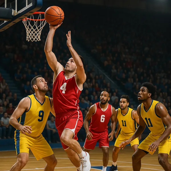 The image captures a dynamic moment in a basketball game, featuring players in mid-action.