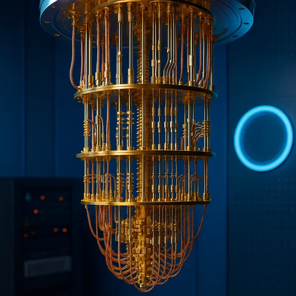 This image showcases a detailed visualization of a quantum computer, featuring a complex assembly of golden components and wires.
