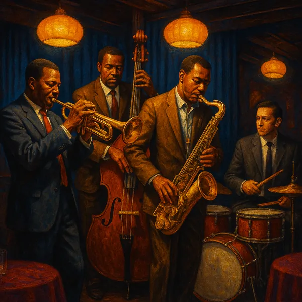 This image portrays a jazz quartet performing in a cozy nightclub setting.