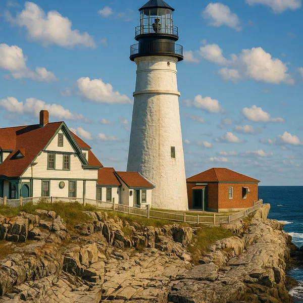 This image showcases a historic lighthouse perched on a rugged, rocky coastline.