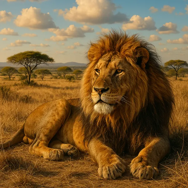 This image captures a majestic lion resting in the expansive African savanna.