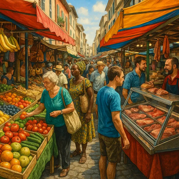 The image captures a bustling street market filled with vibrant colors and diverse activity.
