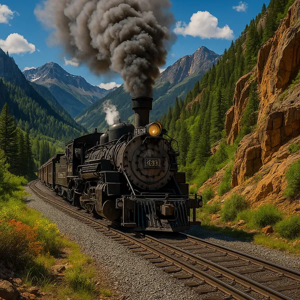 A classic steam locomotive chugs through a picturesque mountain pass, billowing thick plumes of smoke into the clear blue sky.