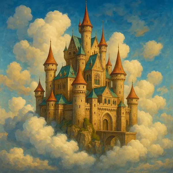 This enchanting image depicts a grand castle floating amidst fluffy clouds in a serene sky.
