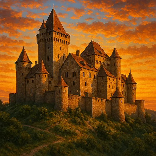 This captivating image features an ancient castle perched atop a hill, bathed in the warm glow of a setting sun.