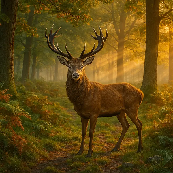 This image captures a majestic deer standing gracefully on a forest path during an early morning.