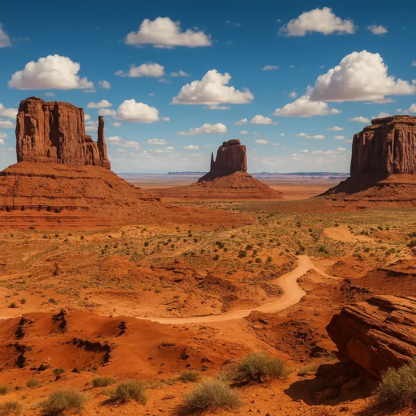 This image captures a vast desert landscape dominated by striking rock formations.