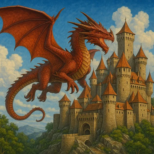 A vibrant red dragon soars gracefully over an expansive medieval castle, creating a scene of fantasy and wonder.