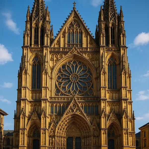 This image showcases a stunning Gothic cathedral facade, bathed in warm sunlight against a clear blue sky.