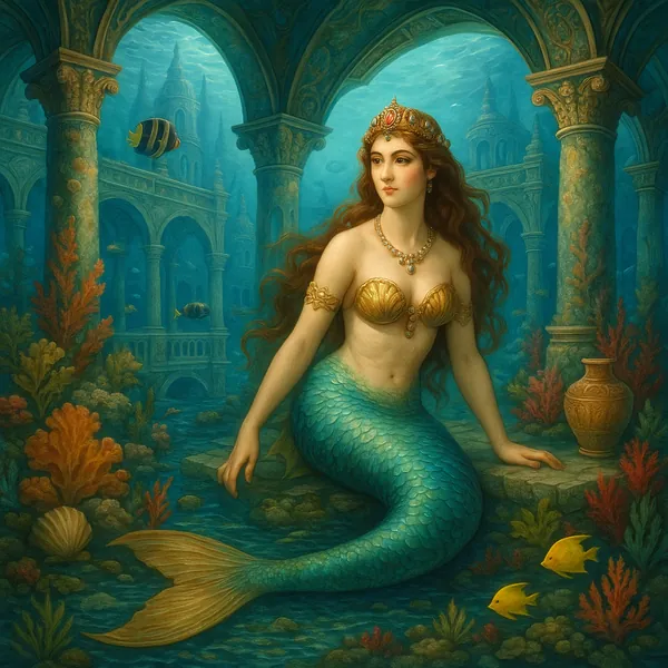The image depicts a serene underwater scene featuring a captivating mermaid seated gracefully within an ancient palace.