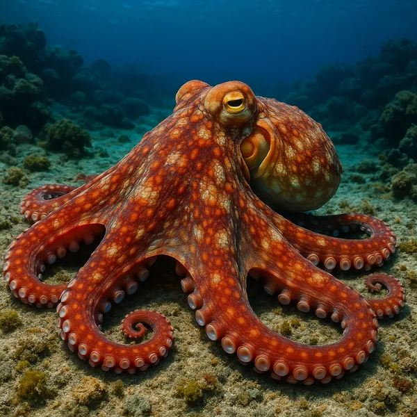 A vibrant octopus rests gracefully on the ocean floor, displaying its striking orange and red hues against the muted browns of the sandy seabed.