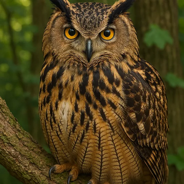A striking owl with vivid orange eyes is perched on a tree branch, conveying an aura of wisdom and watchfulness.