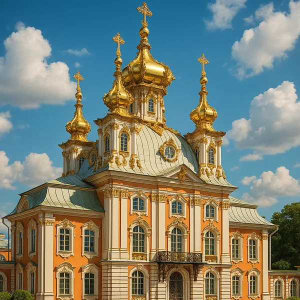 The image showcases a stunning palace featuring ornate golden domes that glisten under a clear blue sky.