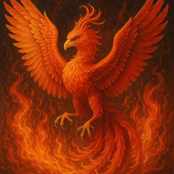 This striking image depicts a phoenix rising majestically from vibrant flames.