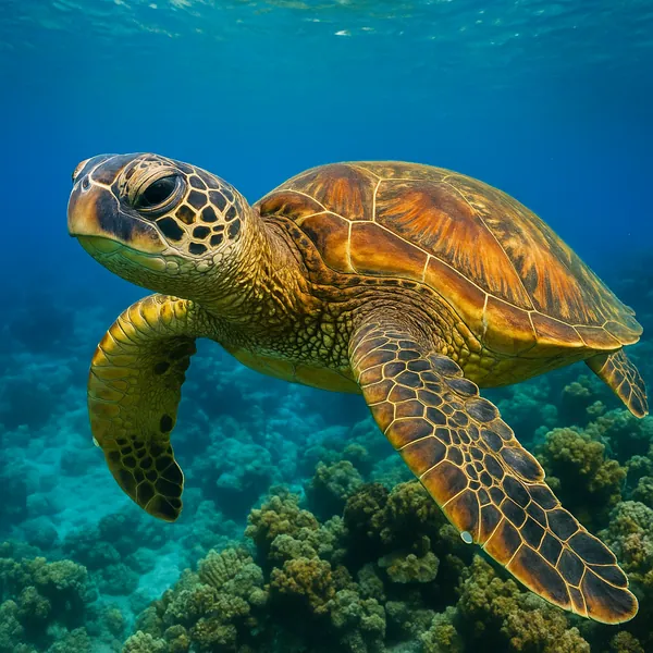 This image captures a sea turtle gracefully gliding through the crystal-clear waters of a vibrant ocean.