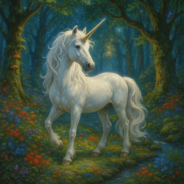 This captivating image portrays a stunning unicorn standing gracefully in an enchanted forest.