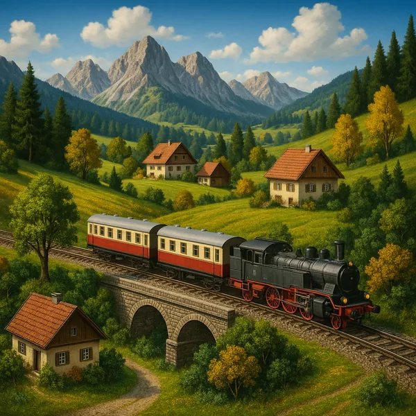 This captivating image showcases a tiny train set traversing a picturesque landscape.