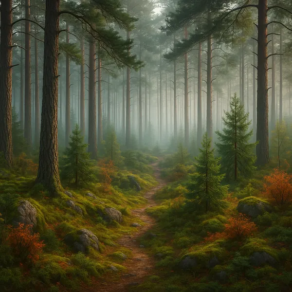 This serene image captures a misty morning in a dense pine forest.