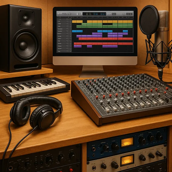 This image showcases a well-equipped recording studio featuring a range of professional audio equipment.