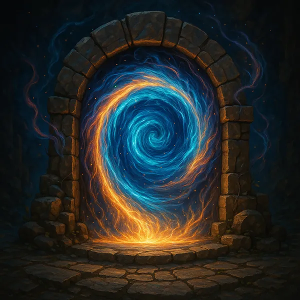 This image depicts a mesmerizing portal embedded within a rustic stone archway.