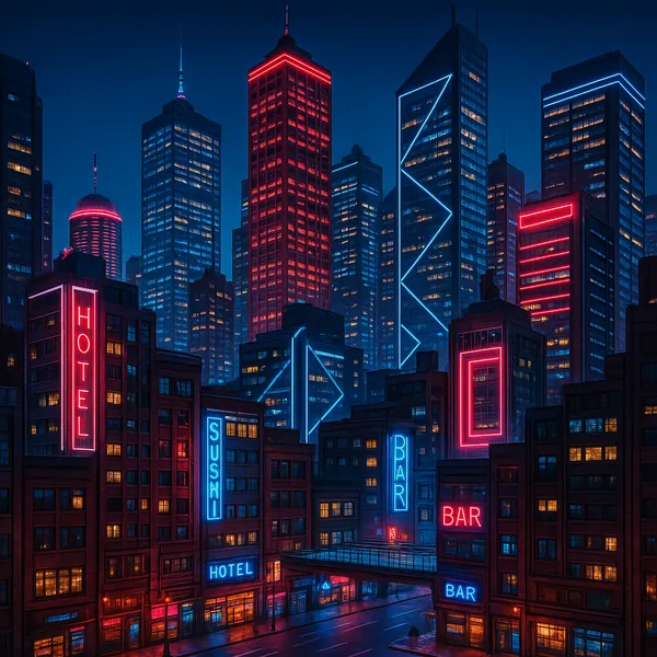 This image showcases a modern cityscape illuminated by vibrant neon lights.