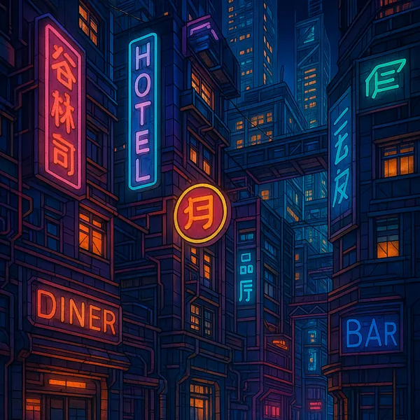 This image depicts a vibrant cyberpunk cityscape illuminated by colorful neon signs.