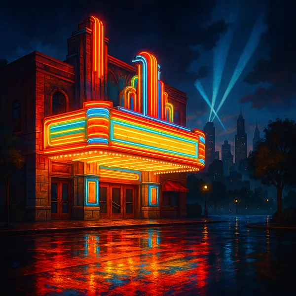 This image captures a vibrant cinema marquee illuminated by neon lights, casting colorful reflections on a wet pavement.