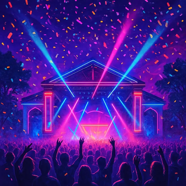 The image captures a lively music festival at night, featuring a vibrant stage illuminated by neon lights in a synthwave palette of pinks, purples, and blues.