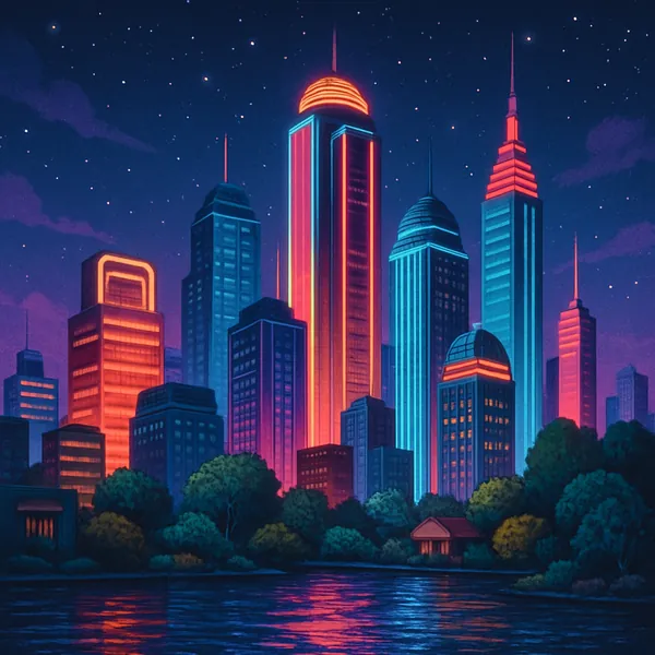 This image features a retro-futuristic city skyline with glowing neon towers under a starry sky, presented in a square composition.
