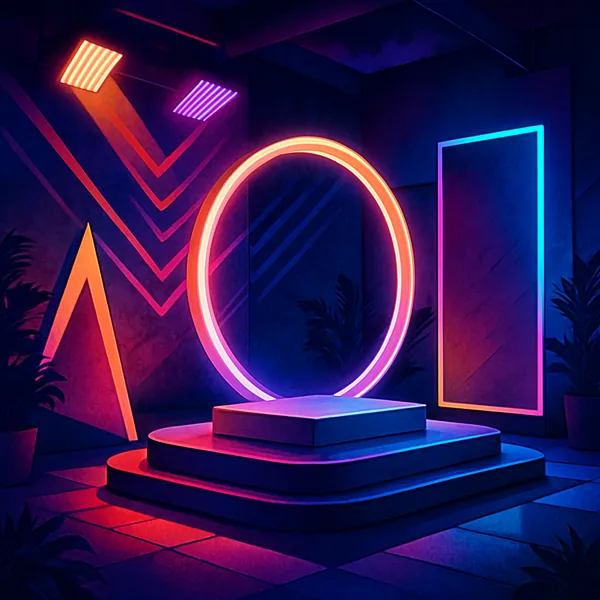 This image showcases a vibrant and futuristic stage set, illuminated by a dynamic neon gradient palette.