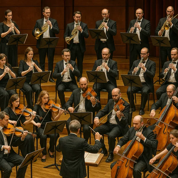 The image captures an orchestra performing on stage, showcasing a diverse array of musicians playing various instruments.