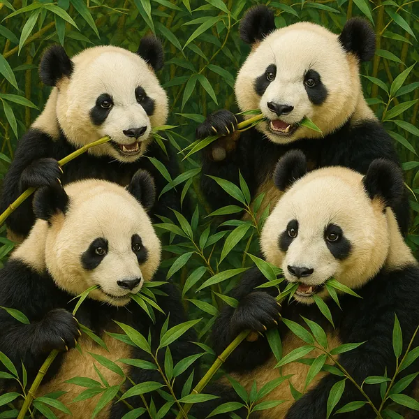 This image features four adorable pandas amidst a lush bamboo forest, each holding and munching on bamboo stalks.