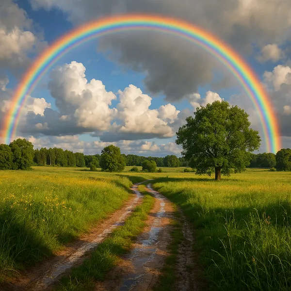 A vibrant rainbow arches across a serene summer landscape, set against a backdrop of fluffy white clouds and a bright blue sky.