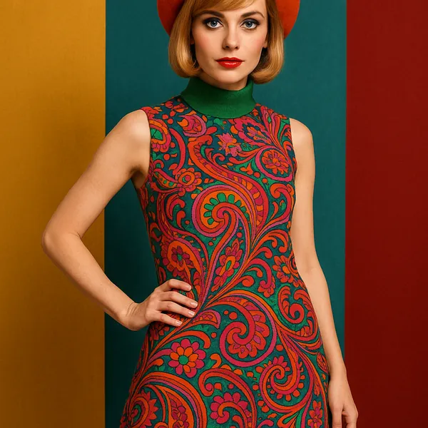 This image captures the essence of 1960s fashion with a striking, colorful ensemble.