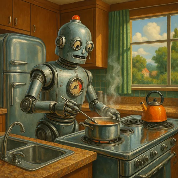 This image features a 1950s-inspired robot cooking in a retro-futuristic kitchen.
