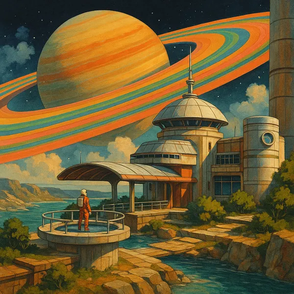 A vibrant, retro-style space station scene set against a backdrop of colorful planetary rings.