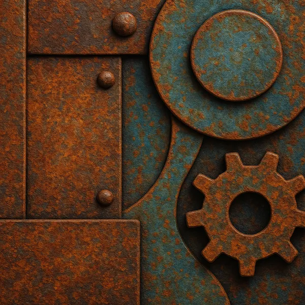 This image showcases a detailed composition of metal gears and panels with a rich rust patina.