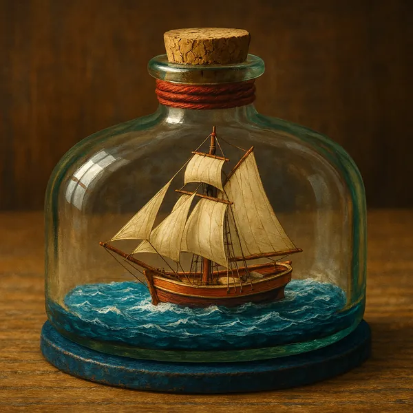 This image features a meticulously crafted model of a sailing ship encased within a clear glass bottle.