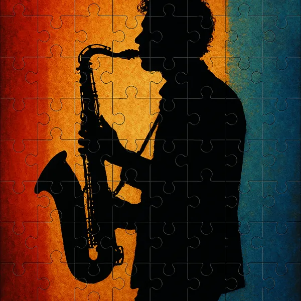 This image features the silhouette of a saxophone player set against a vibrant background.