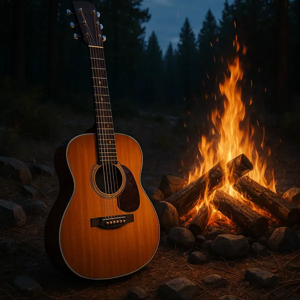 This image captures a tranquil scene of a wooden acoustic guitar standing upright beside a glowing campfire.