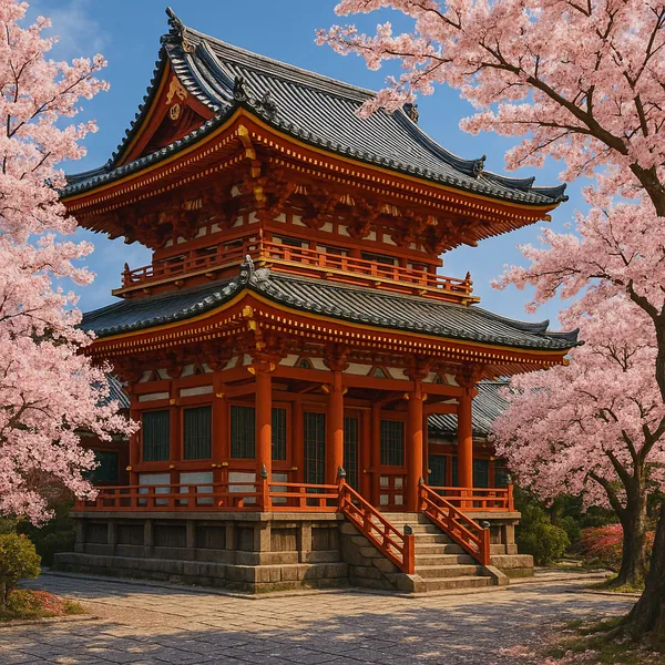 This image captures a traditional Japanese temple surrounded by vibrant cherry blossoms in full bloom.