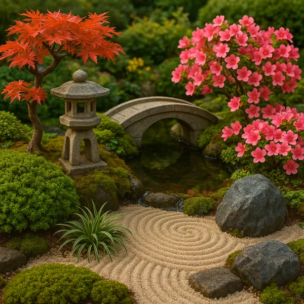 This image features a beautifully crafted miniature Japanese garden, capturing the essence of tranquility and balance.