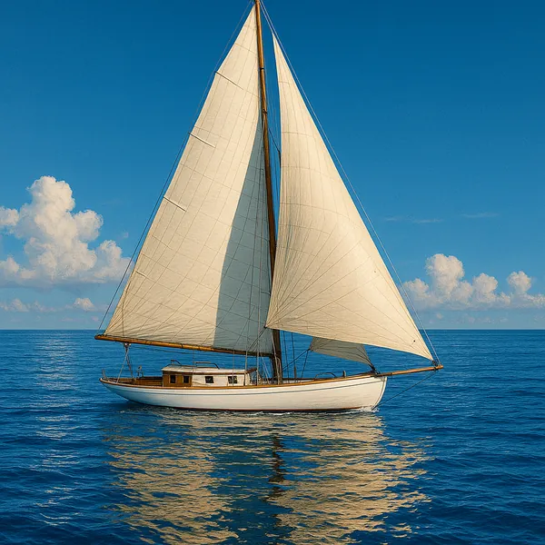 The image showcases a classic sailboat gliding gracefully on calm, blue waters under a clear sky.