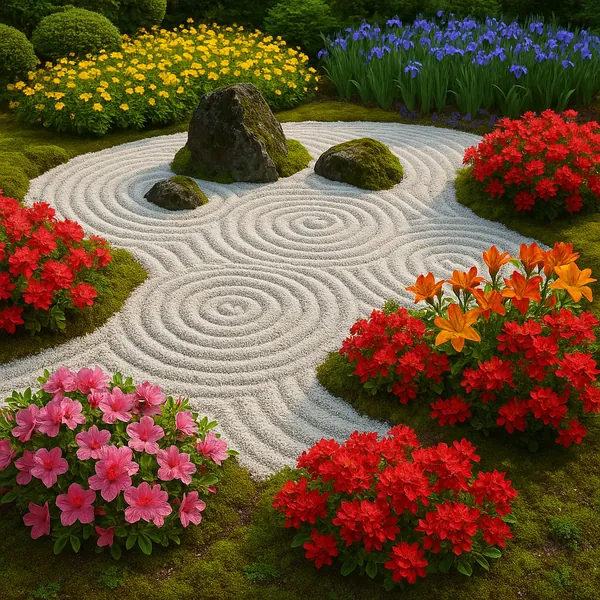 This image captures a tranquil Japanese zen garden featuring meticulously raked white gravel arranged in circular patterns around moss-covered rocks.