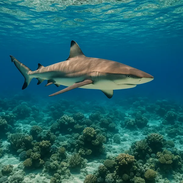 A shark gracefully swims through crystal-clear waters, showcasing its streamlined body and powerful fins.