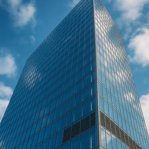 The image showcases a modern skyscraper with a striking glass facade, reflecting the clear blue sky and scattered clouds.