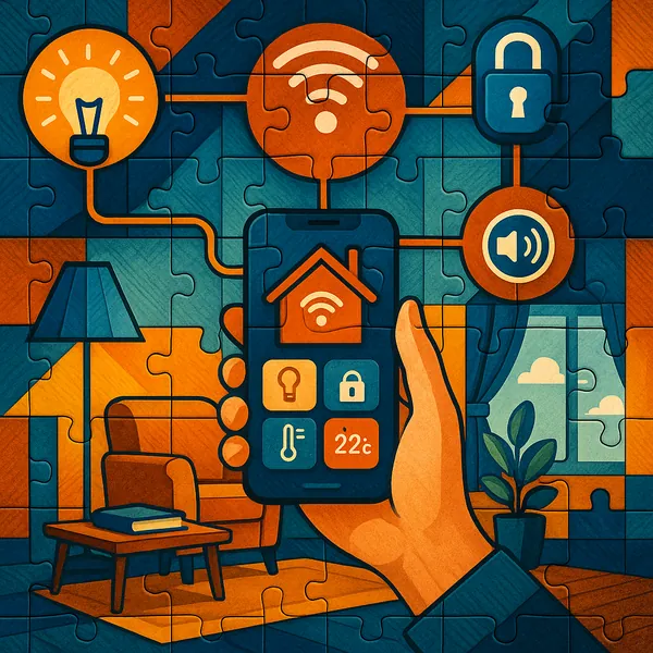 This vibrant illustration showcases a smart home automation interface.