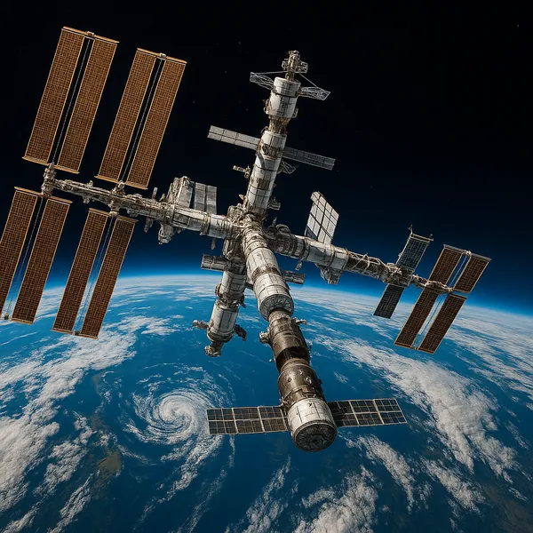 The image depicts a complex space station hovering above Earth, showcasing its intricate structure against the backdrop of the planet's vibrant blue and white s