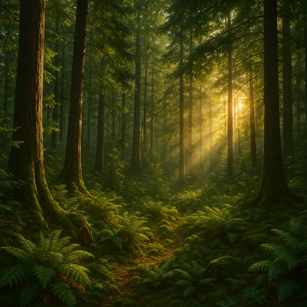 This captivating image depicts a dense forest bathed in gentle sunlight.