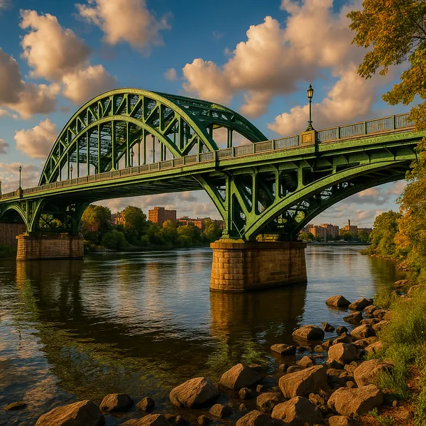 This image captures a striking green bridge arching gracefully over a calm river.